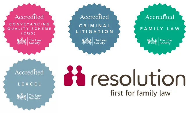 Accreditations logos including Lexcel, resolution, Family, Criminal and Conveyancing